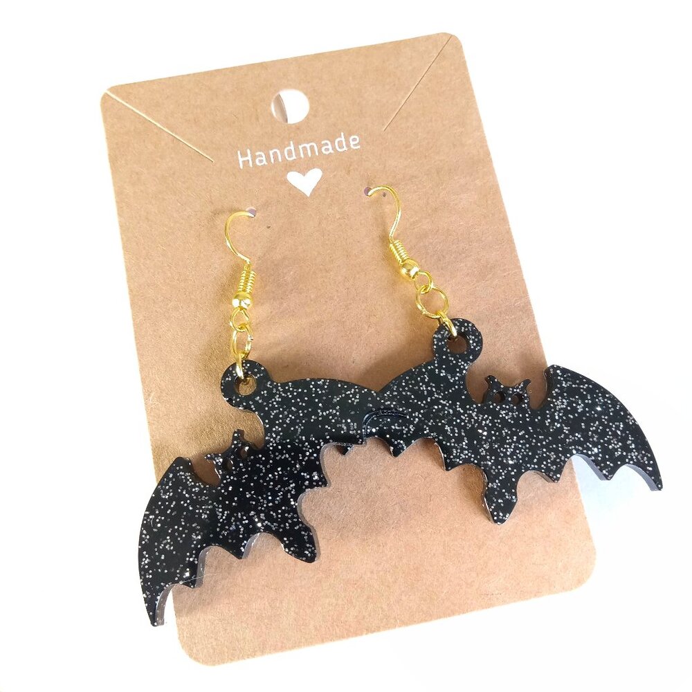 Black and silver bat Halloween dangle earrings with gold hooks new resin